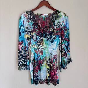 Sienna Rose Babydoll Blouse Sheer Multicolor Bell Sleeve Embroidered V Neck Boho
